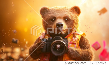 A charming bear in a colorful vest holding a camera, ready to capture the perfect shot 129277424