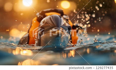 A dolphin equipped with a life jacket swims energetically at sunset, capturing an adventurous spirit 129277435