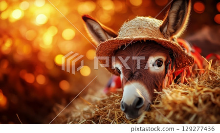 A content donkey wearing a straw hat rests on hay, surrounded by warm, glowing light 129277436