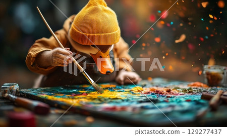 A creative duck in a beanie paints a colorful masterpiece, surrounded by artistic splatters 129277437