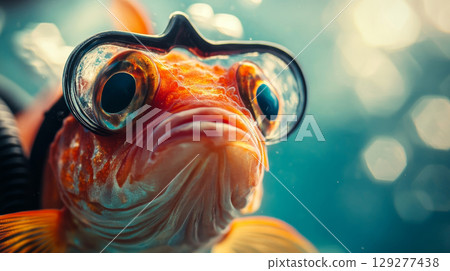 A comical goldfish wears diving goggles underwater, showcasing a humorous aquatic adventure 129277438