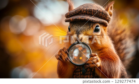 A curious squirrel dressed as a detective holds a magnifying glass, set against a warm autumn background 129277474