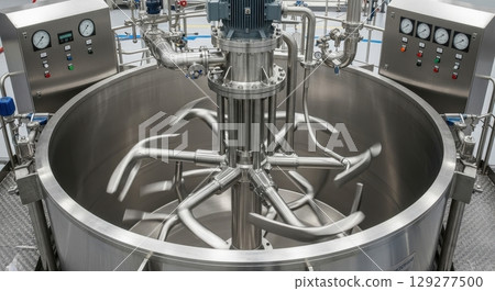 A large stainless steel mixing vessel utilizes an agitator to blend materials inside the industrial equipment, while control panels are located nearby A large stainless steel mixing vessel utilizes an agitator to blend materials inside the industrial equipment, while control panels are located nearby 129277500