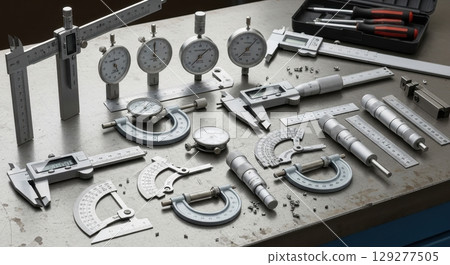 Precision instruments: calipers, protractors, micrometers, indicators on metal surface. Emphasizing quality control and accuracy Precision instruments: calipers, protractors, micrometers, indicators on metal surface. Emphasizing quality control and accuracy 129277505