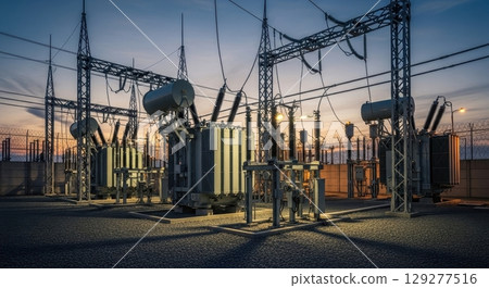 An electrical substation and transformer array stands as a pivotal hub for power distribution, ensuring efficient energy delivery to meet growing demands 129277516
