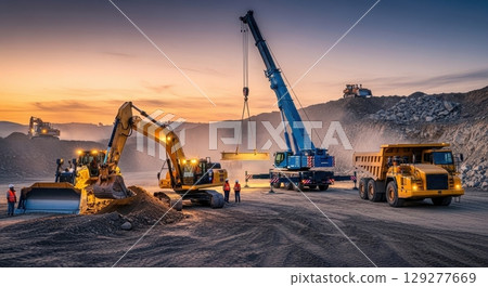 Construction vehicles, like excavators and a crane, work at dusk, lifting beams and transporting materials at a large industrial construction site 129277669