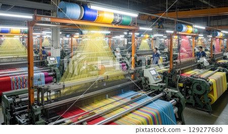 Inside a textile factory, workers oversee looms weaving vibrant patterns, showcasing the mass production of colorful cloth and fabric 129277680