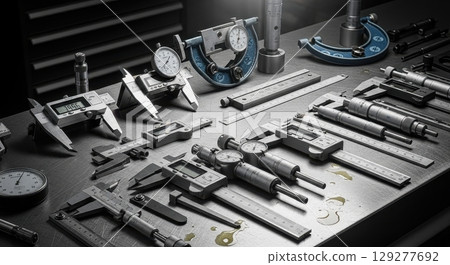 An array of precision measuring instruments, including calipers and micrometers, are carefully laid out on a metal surface for detailed dimensional measurement An array of precision measuring instruments, including calipers and micrometers, are carefully laid out on a metal surface for detailed dimensional measurement 129277692