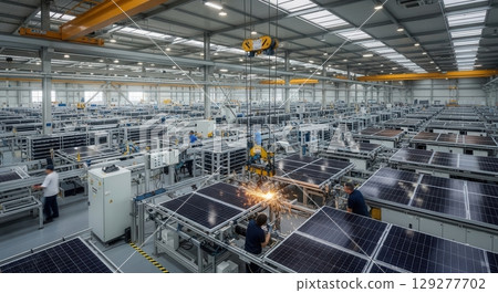 Inside a manufacturing plant, workers assemble solar panels in an industrial setting, highlighting renewable energy production and manufacturing processes 129277702