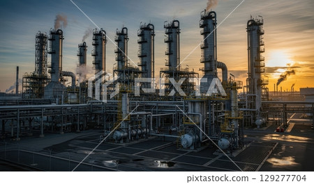 Aerial view captures an oil refinery at dusk, with its tall distillation columns and complex piping systems silhouetted against the sky, representing industry and energy 129277704