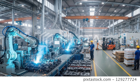 Inside a factory, robotic arms perform automated welding on a production line as workers monitor the manufacturing process using modern technology 129277724