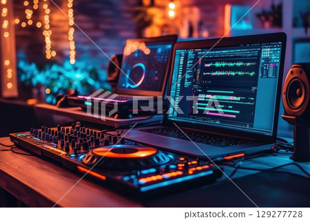 A music producer's workstation glows with vibrant light, showcasing a laptop displaying audio waveforms and a mixing console 129277728