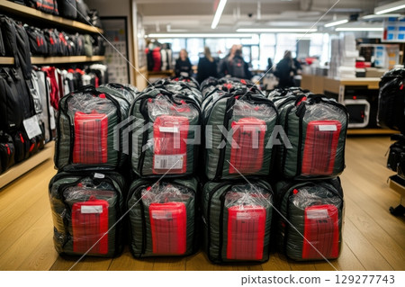 A stack of sealed, green duffel bags with red inner lining sits on a wooden floor in a retail store 129277743