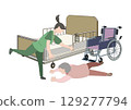 A color illustration of a caregiver rushing to assist an elderly man who has fallen from his wheelchair in front of a care bed 129277794