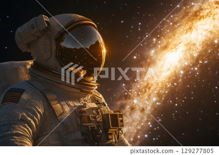 A lone astronaut in a spacesuit gazes at a vibrant, golden galaxy, a breathtaking view of cosmic wonder 129277805