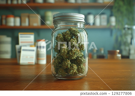 A glass jar filled with dried cannabis buds sits on a wooden counter in a dispensary setting A glass jar filled with dried cannabis buds sits on a wooden counter in a dispensary setting 129277806