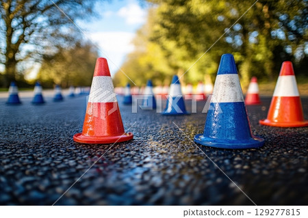 Wet traffic cones in red and blue line a road, creating a vibrant and dynamic scene Wet traffic cones in red and blue line a road, creating a vibrant and dynamic scene 129277815