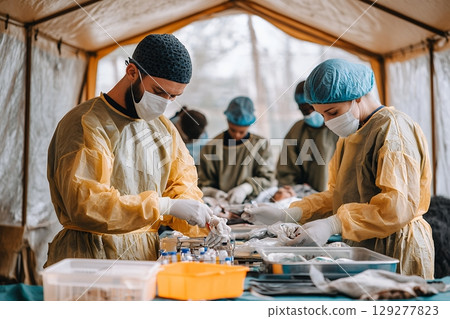 Medical professionals in protective gear perform a procedure in a field hospital tent, providing essential healthcare 129277823