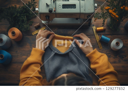 A craftswoman sews a grey and mustard sweater at her wooden worktable, surrounded by colorful threads and sewing tools 129277832