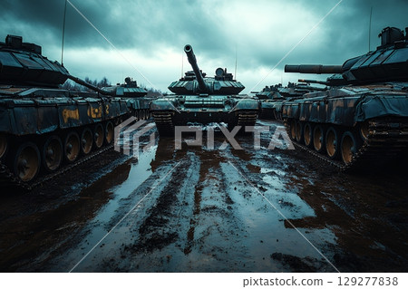 A row of military tanks sits in muddy terrain under a stormy sky, showcasing their powerful presence and imposing might 129277838