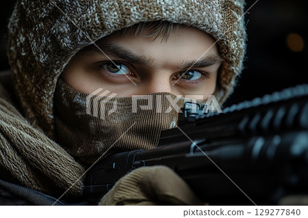 A masked soldier in winter camouflage aims a rifle, his intense gaze piercing through the darkness 129277840