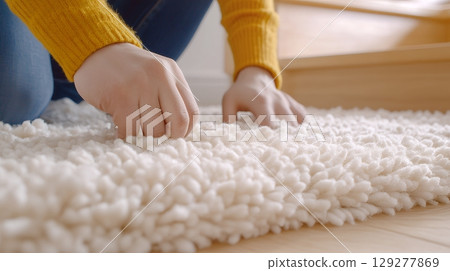 A person in a yellow sweater gently touches a soft, plush carpet, highlighting its texture and comfort 129277869