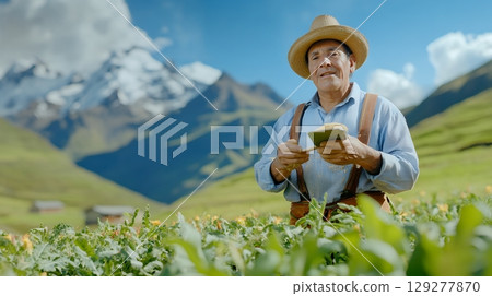 A cheerful farmer holds a bowl of harvested quinoa in a scenic mountain field, showcasing agricultural bounty 129277870