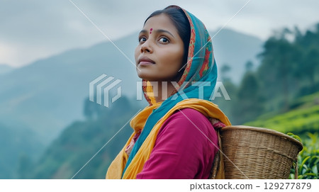 A woman in vibrant traditional attire stands gracefully in a lush tea plantation 129277879