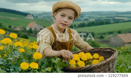 Young girl in rustic attire gathering dandelions in a basket on a picturesque countryside, symbolizing innocence and nature Young girl in rustic attire gathering dandelions in a basket on a picturesque countryside, symbolizing innocence and nature 129277889