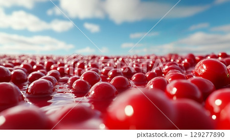 A sea of red berries floating on water under a bright blue sky, creating a vibrant and refreshing scene A sea of red berries floating on water under a bright blue sky, creating a vibrant and refreshing scene 129277890
