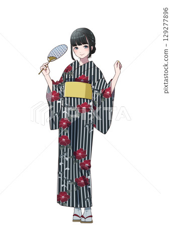 一位身穿浴衣、手持扇子的女性正在享受節日的樂趣 一位身穿浴衣、手持扇子的女性正在享受節日的樂趣 129277896