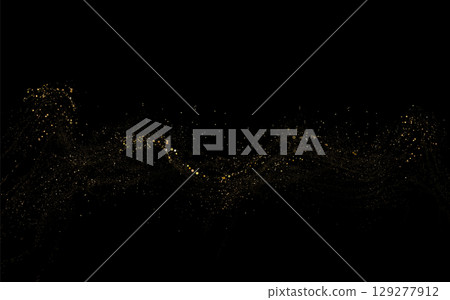 Isolated exquisite golden wavy pattern from small tinsel on black background Isolated exquisite golden wavy pattern from small tinsel on black background 129277912