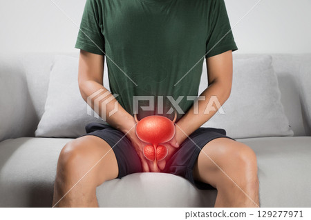 Prostate or urinary tract issue concept in men, health risk warning. Prostate or urinary tract issue concept in men, health risk warning. 129277971