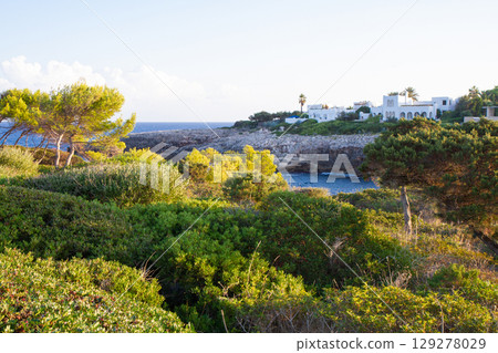 horizon on a beautiful seascape from a rocky shore 129278029