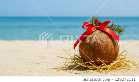 Coconut decorated with Christmas elements on a beach. Tropical Christmas and New Year celebration. 129278111