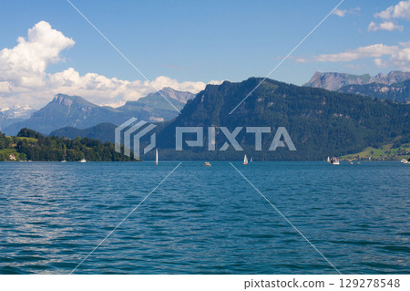 beautiful landscape of the lake against the background of mountains in Switzerland 129278548