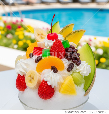 Shirokuma Deluxe Shaved Ice: A luxurious shaved ice topped with strawberry agar, melon, red beans, and tropical fruits. 129278952
