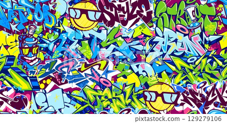 Seamless Colorful Modern Abstract Urban Style Hiphop Graffiti Street Art Vector Background Template Seamless Colorful Modern Abstract Urban Style Hiphop Graffiti Street Art Vector Background Template 129279106