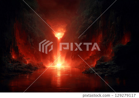 Fire waterfall flowing into the lake 129279117