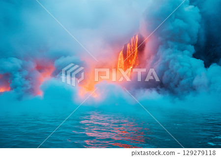 Fire waterfall flowing into the lake 129279118