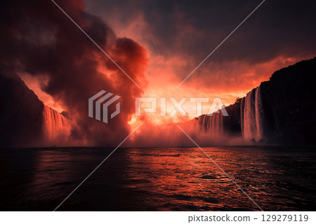 Fire waterfall flowing into the lake 129279119