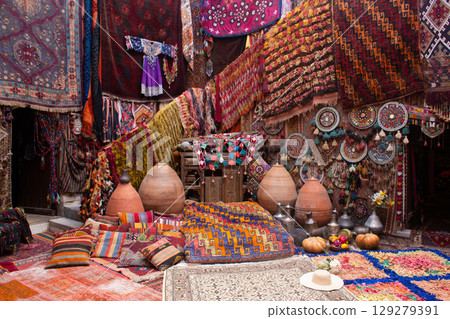 traditional turkish interior with many carpets on the wall traditional turkish interior with many carpets on the wall 129279391