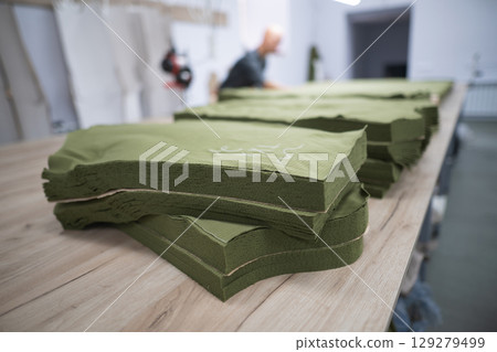 cutting of fabrics cut in production for sewing clothes 129279499