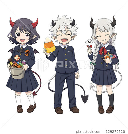 cute halloween witch girl holding pumpkin basket, anime style, transparent background, PNG sticker, halloween costume, trick or treat. 129279520