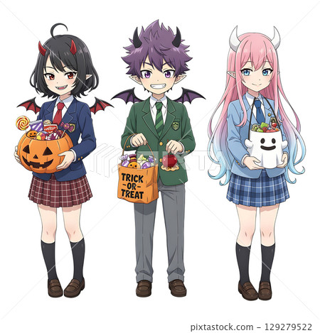 cute halloween witch girl holding pumpkin basket, anime style, transparent background, PNG sticker, halloween costume, trick or treat. 129279522