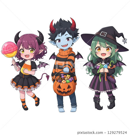 cute halloween witch girl holding pumpkin basket, anime style, transparent background, PNG sticker, halloween costume, trick or treat. 129279524