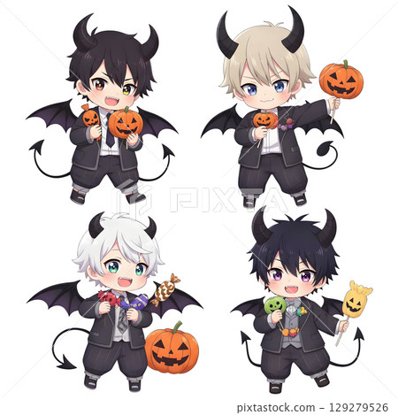 cute halloween witch girl holding pumpkin basket, anime style, transparent background, PNG sticker, halloween costume, trick or treat. 129279526