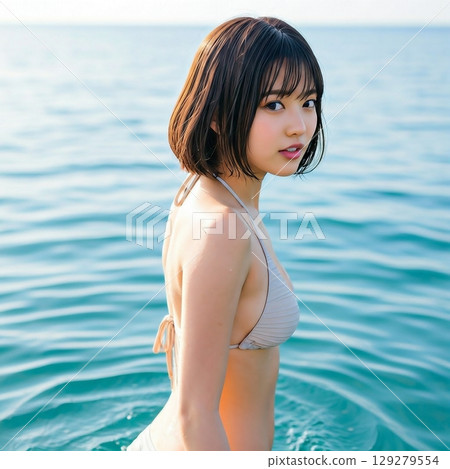 穿著比基尼在海中的年輕女子 129279554