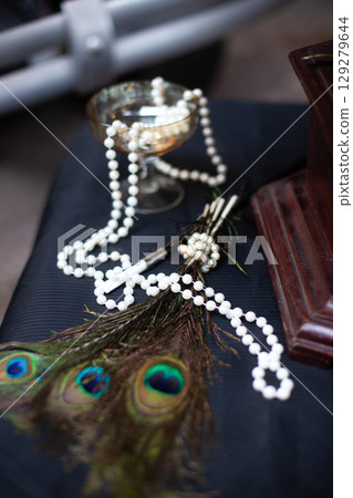 beautiful decorations and various decor in retro style near the gramophone 129279644