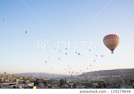 beautiful scenery flight of balloons in the mountains of Cappadocia in love valley 129279646